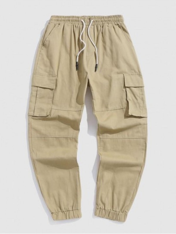 Solid Color Drawstring Pockets Cargo Pants