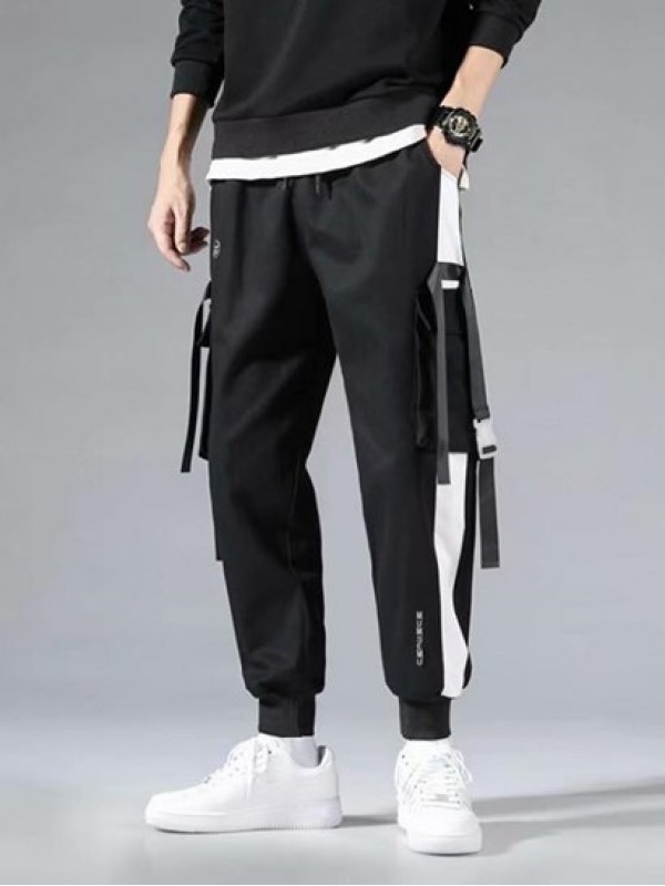 Colorblock Pockets Letter Print Drawstring Cargo Shorts