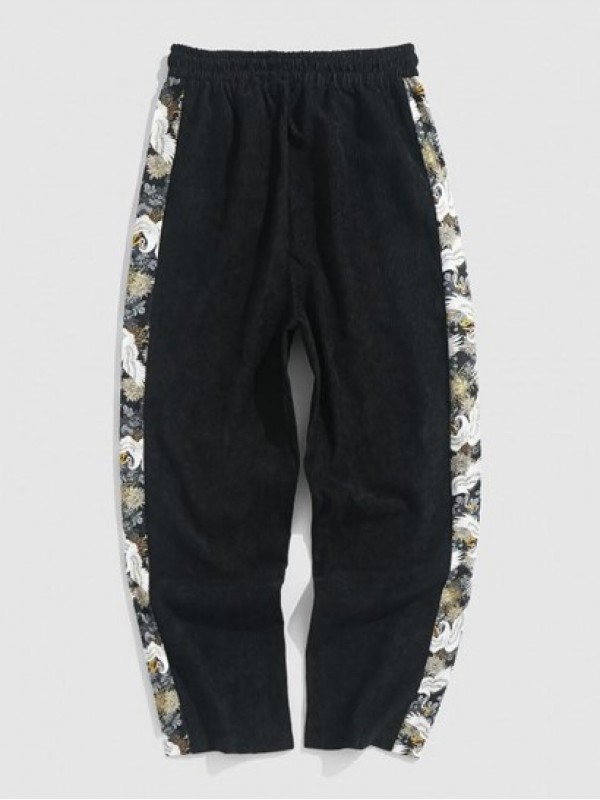 Chinese Style Crane Printed Drawstring Casual Pants